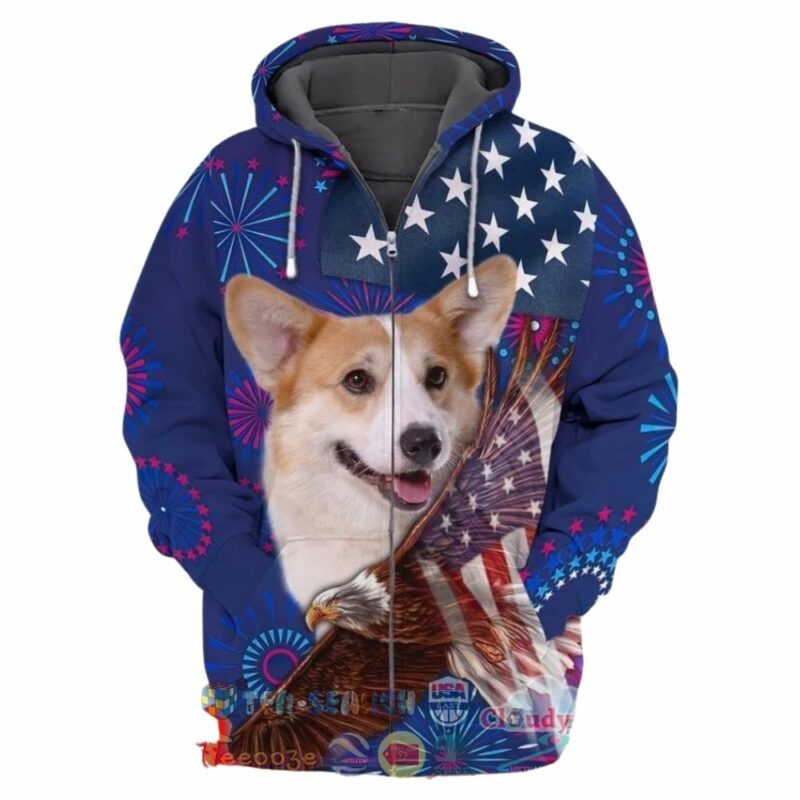 4Th Of July Independence Day American Flag Corgi Fireworks 3D Hoodie 1