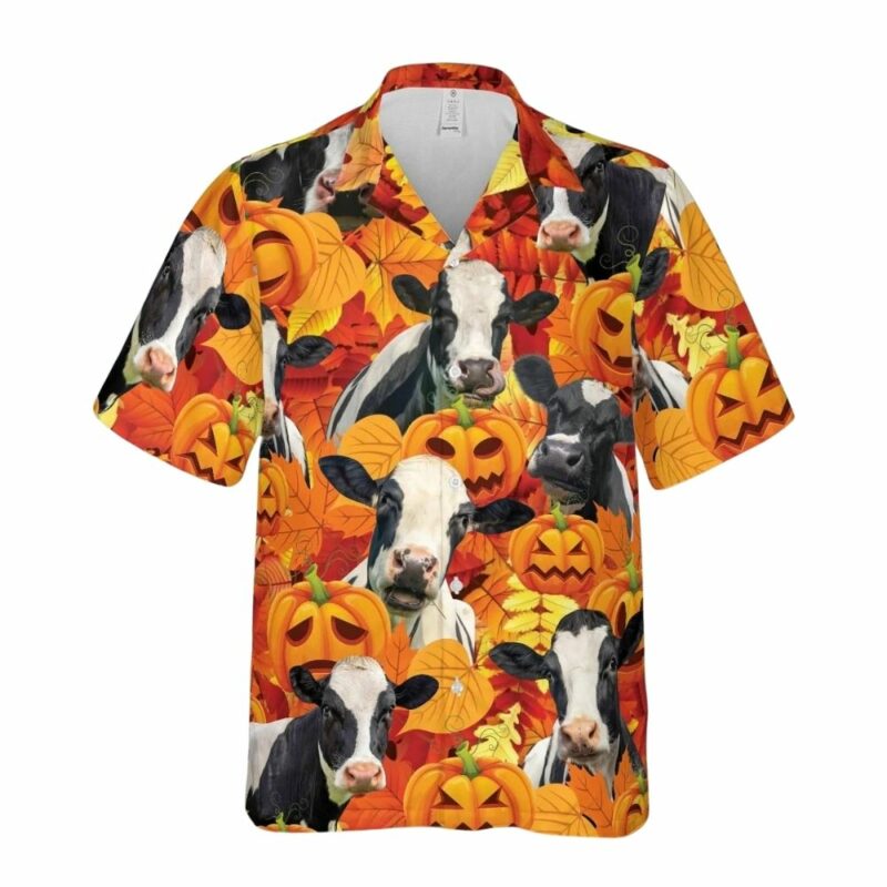 Autumn leaf simmental cattle pumpkin hawaiian shirt 1 1