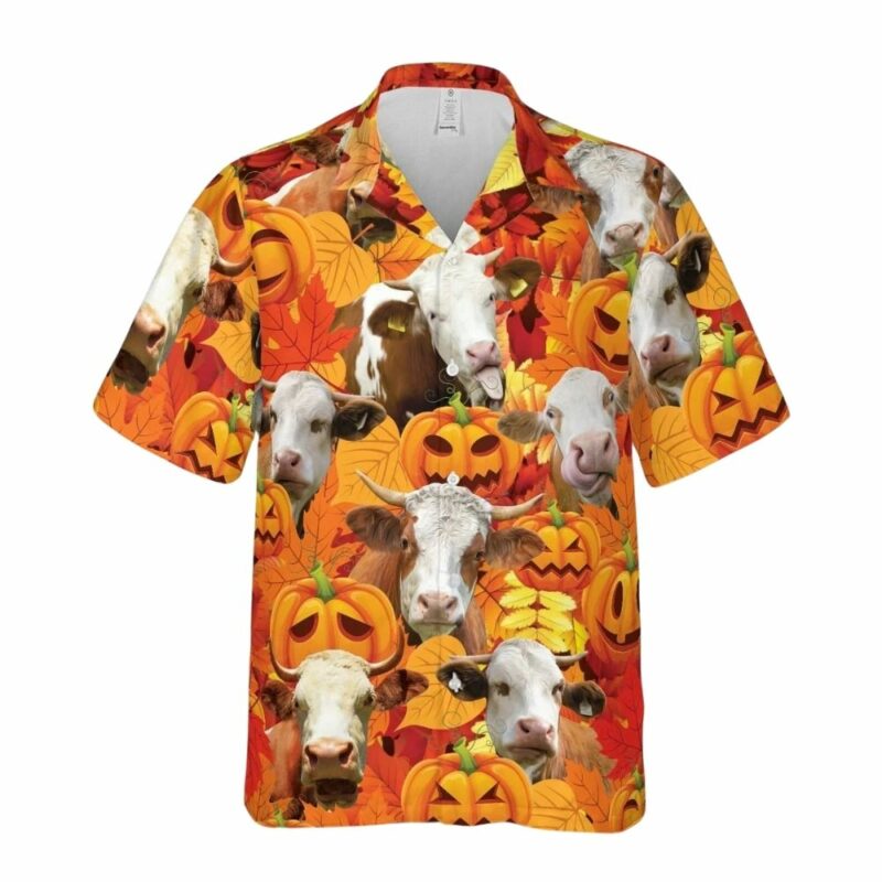 Autumn leaf simmental cattle pumpkin hawaiian shirt 1