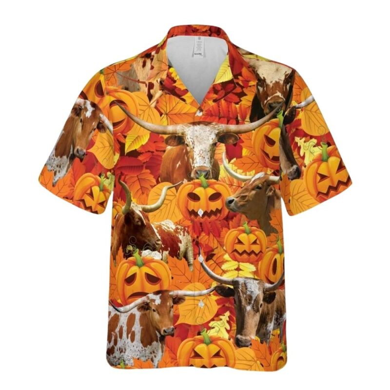 Autumn leaf txlonghorn cattle pumpkin hawaiian shirt 1