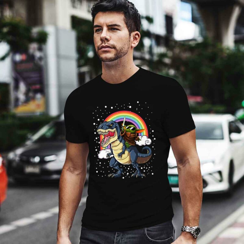 Baby Yoda Holding Lightsaber Riding Dinosaur Rainbow 0 T Shirt