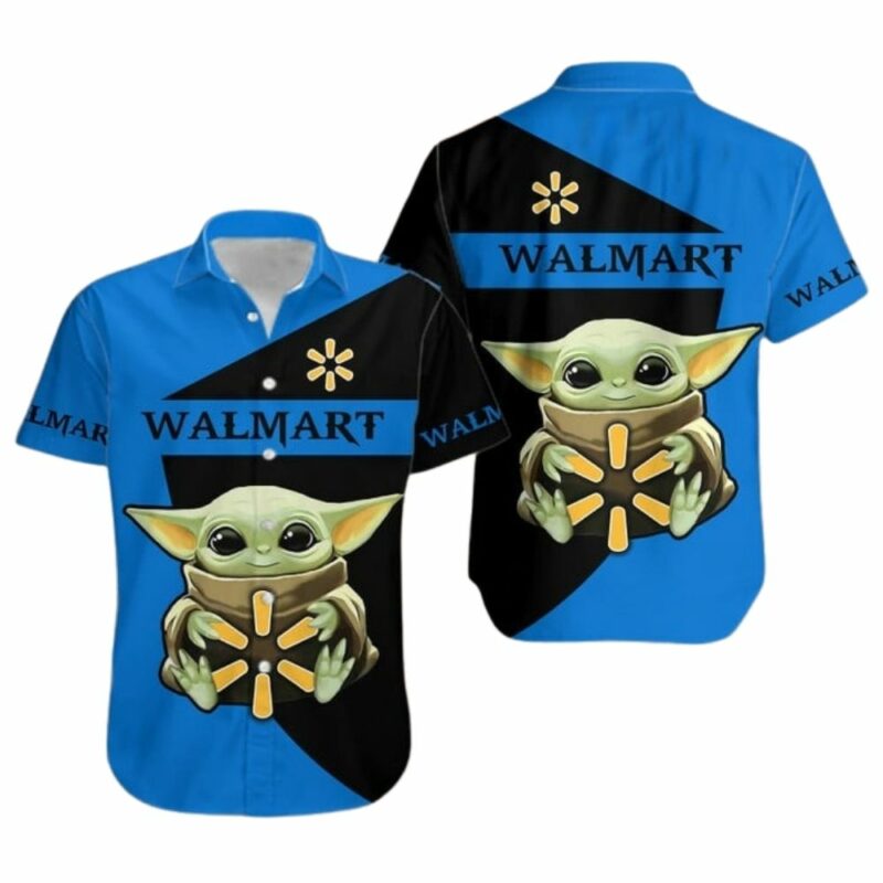 Baby yoda hold logo walmart blue and black hawaiian shirt 1