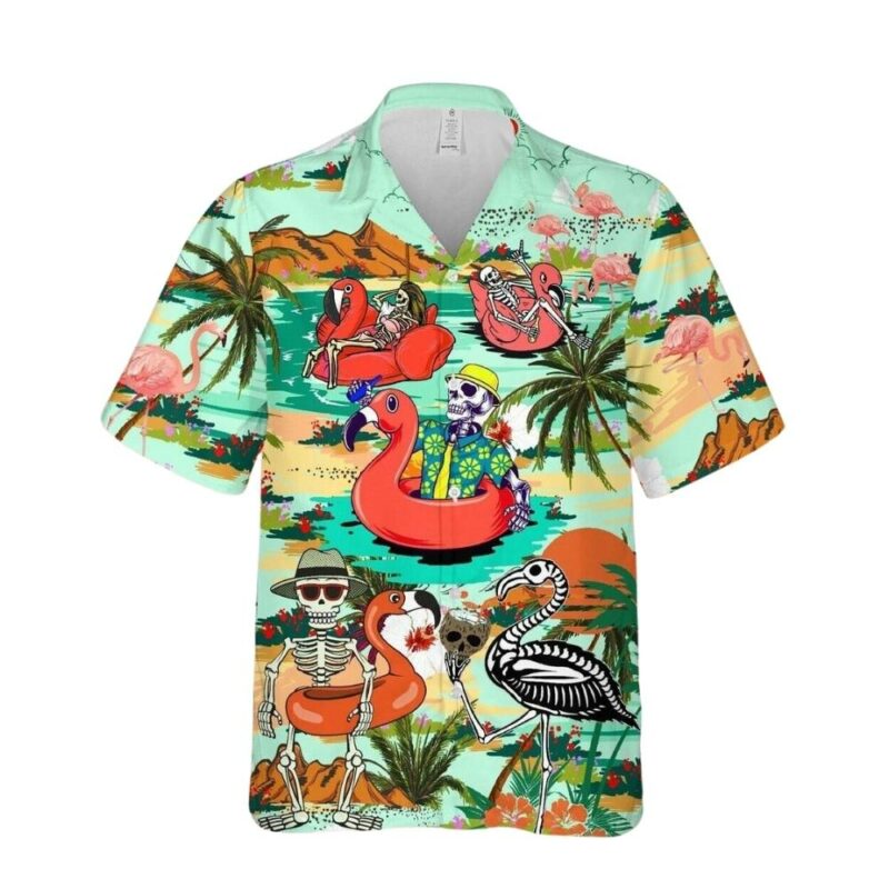 Beach party flamingo skeletons funny hawaiian shirt 1