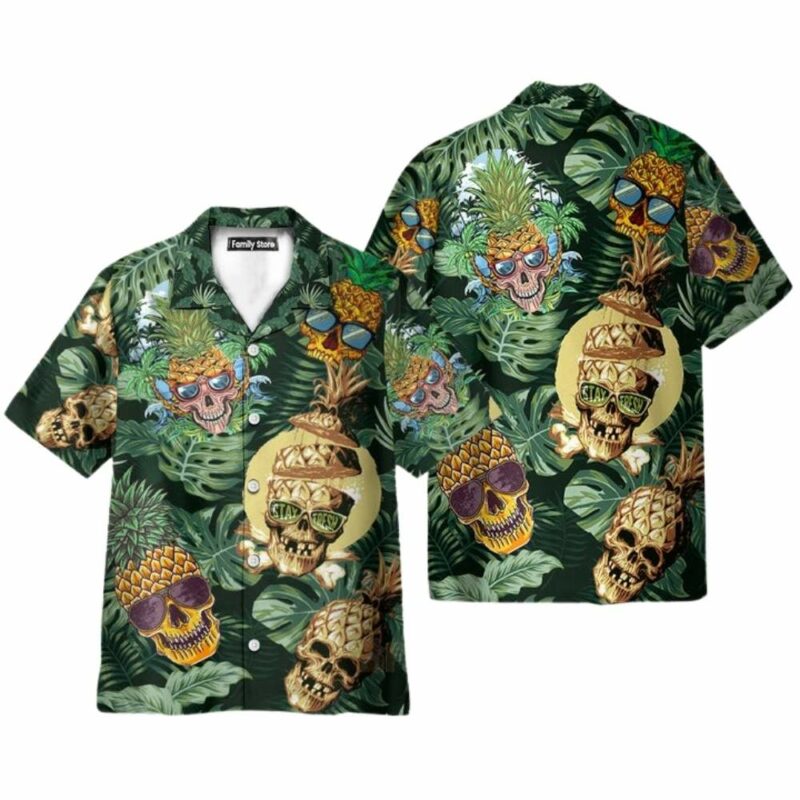 Beach skull pineapple and leaf palm tree hawaiian shirt 1