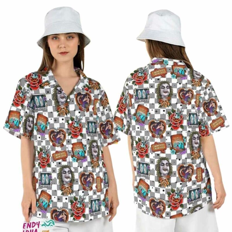 Beetlejuice never trust living horror checkered halloween hawaiian shirt 1