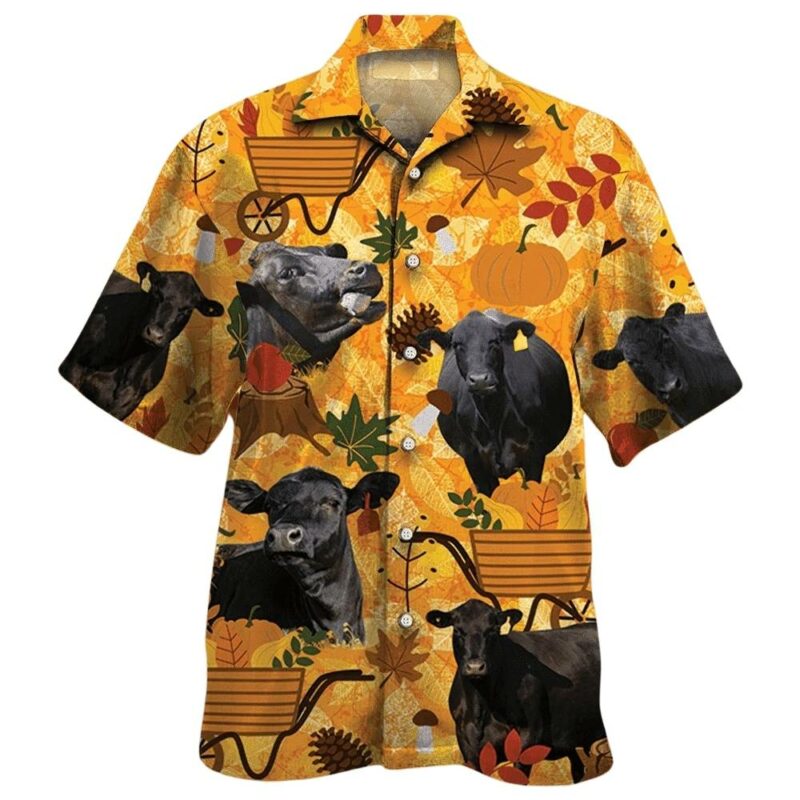 Black angus cattle nature autumn pumpkin hawaiian shirt 1