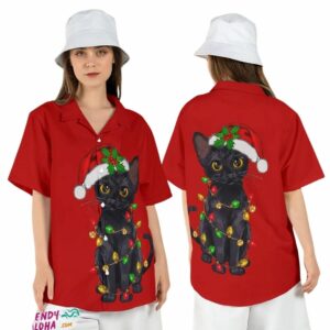 Black Cat Christmas Tree Light Meowy Xmas Santa Hawaiian Shirt