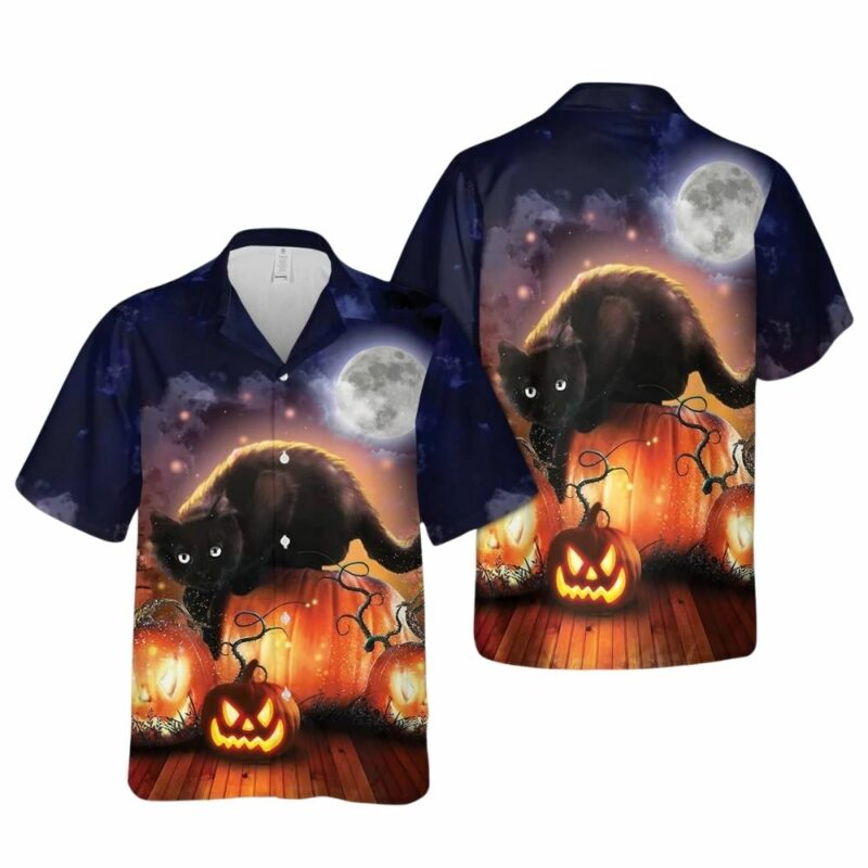 Black cat themed halloween hawaiian shirt 1