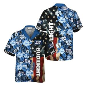 Bud Light American Flag Tropical Flower Hawaiian Shirt