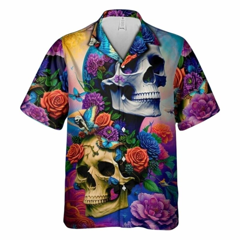 Butterfly flowers floral skull horror hawaiian shirt 1