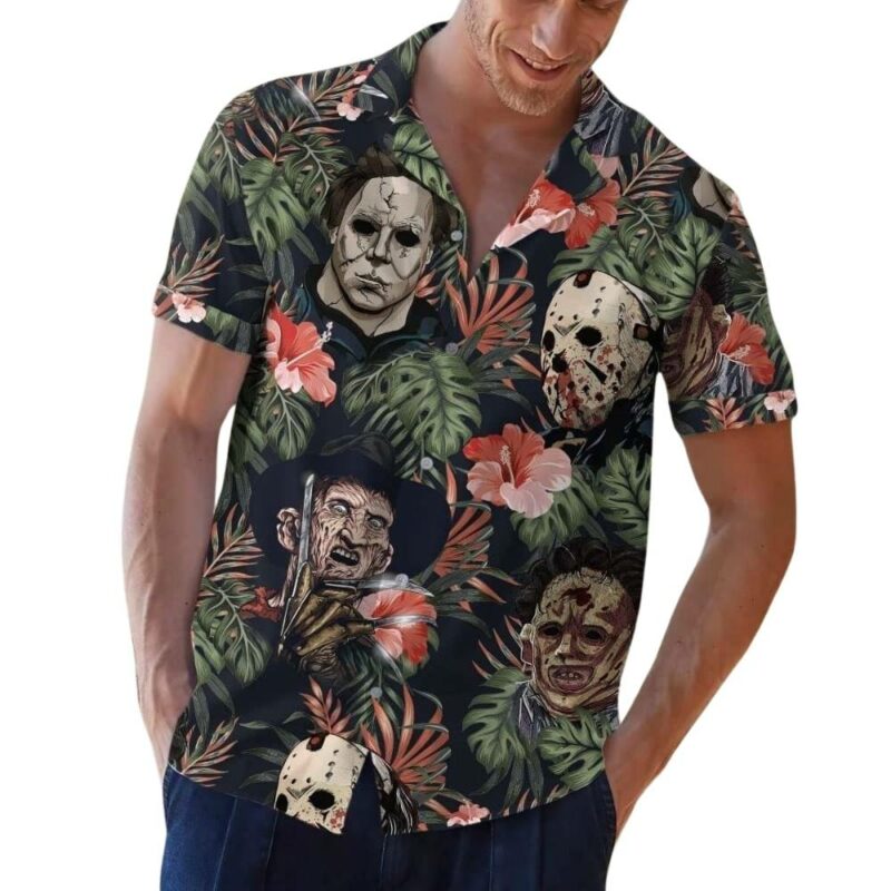 Character horror films floral leafs hawaiian shirt 1