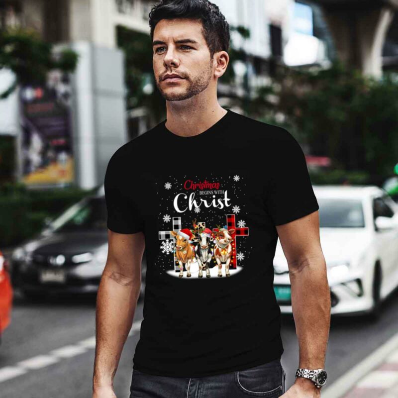 Christmas Begins With Christ Three Cows With Fairy Lights In Front Of Three Crosses 0 T Shirt