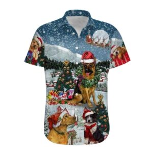 Christmas Joy With Adorable Dogs Under Snowy Hawaiian Shirt