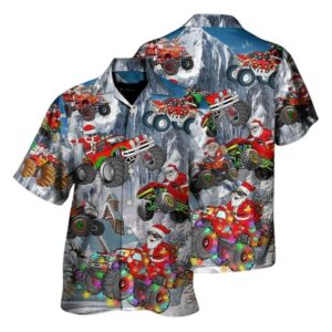 Christmas Santa Claus Riding Red Truck Snow Mountain Hawaiian Shirt