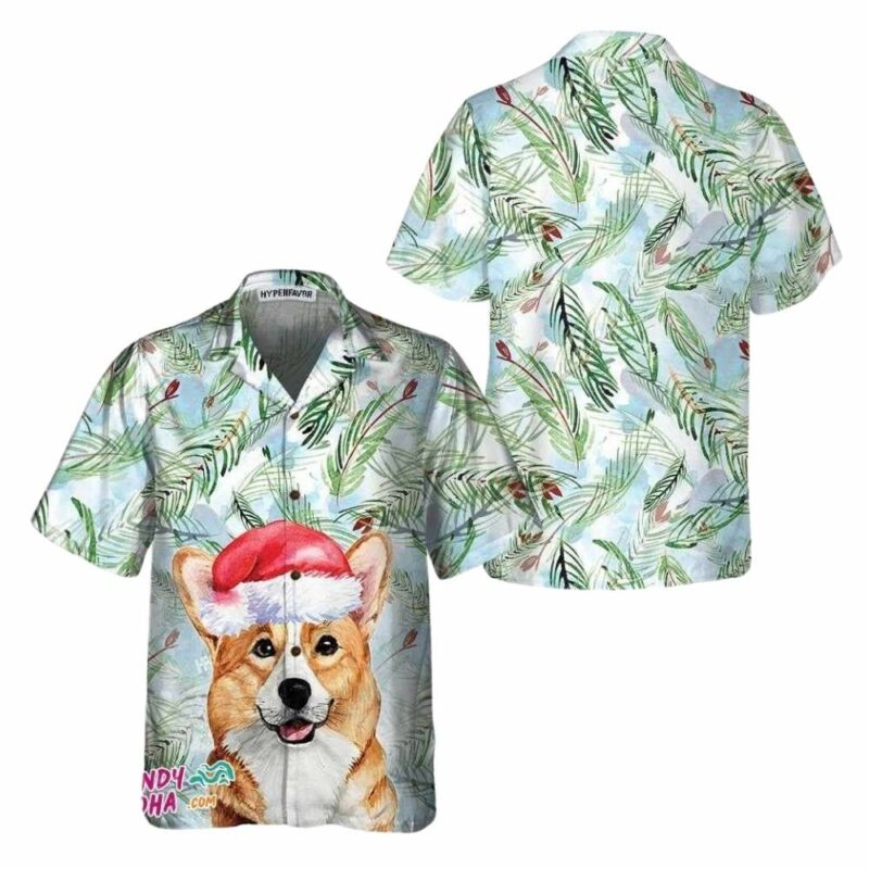 Corgi with christmas fir branches pattern hawaiian shirt 1