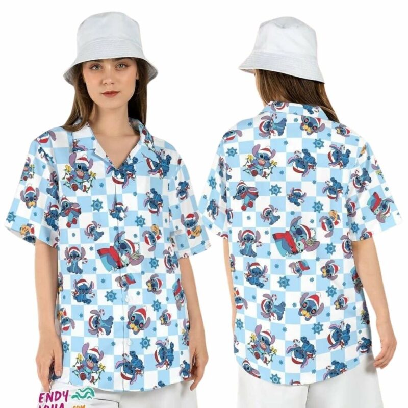 Cute stitch christmas santa hat xmas lights disney hawaiian shirt 1