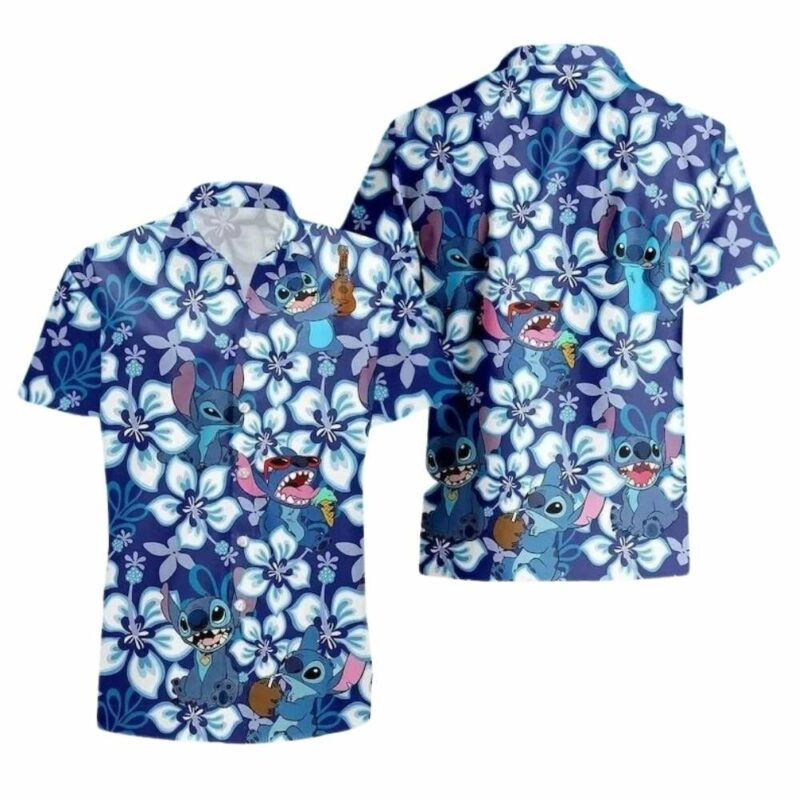 Cute stitch playing guitar tropical flowers summer beach vacation hawaiian shirt 1