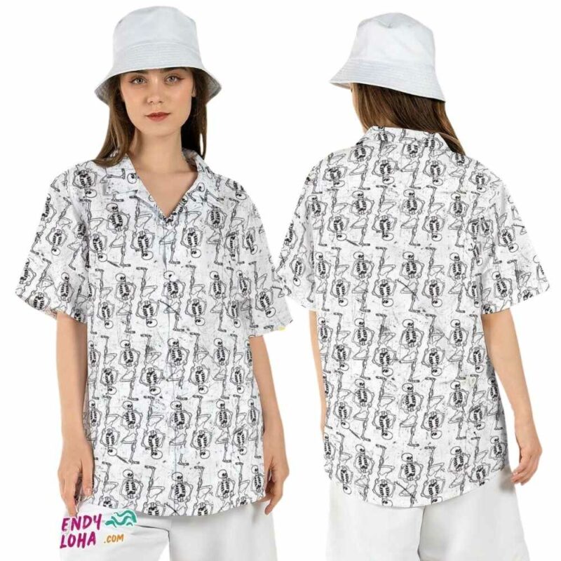 Dancing skeletons halloween beach party skulls hawaiian shirt 1