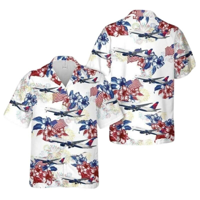 Delta airlines 767 floral flower for 4th of july hawaiian shirt 1