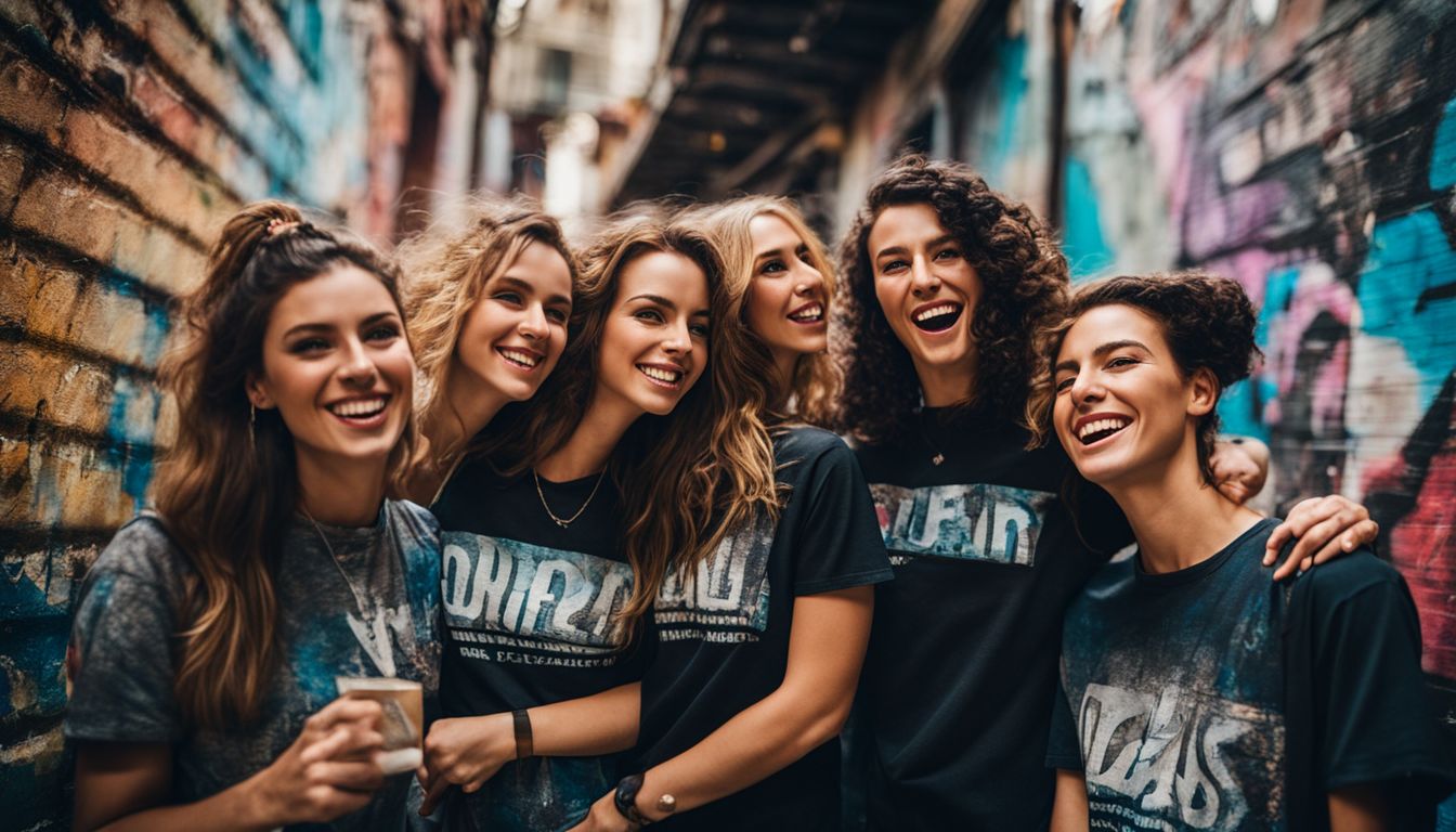 A group of friends posing in an urban graffiti-filled alleyway.