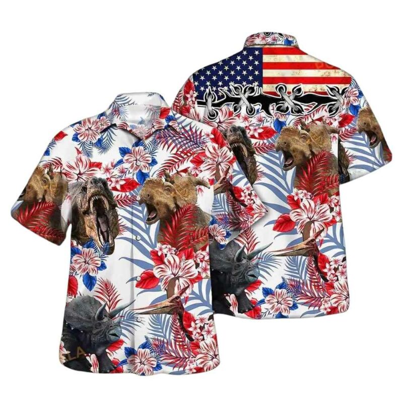 Dinosaur american flag with floral tropical hawaiian shirt 1