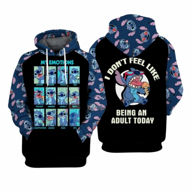 Disney stitch emotions i dont feel like being an adult today 3d hoodie 1