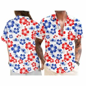 Disney Stitch Flower Blue And Red Hawaiian Shirt