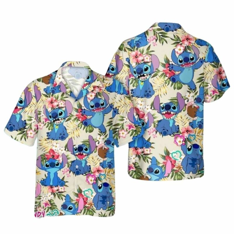 Disney stitch themed palm tree beach hawaiian shirt 1