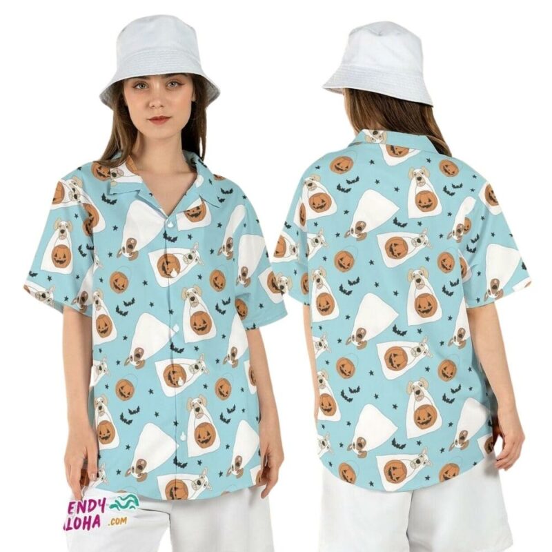 Dog boo ghost spooky halloween trick treat pumpkin hawaiian shirt 1