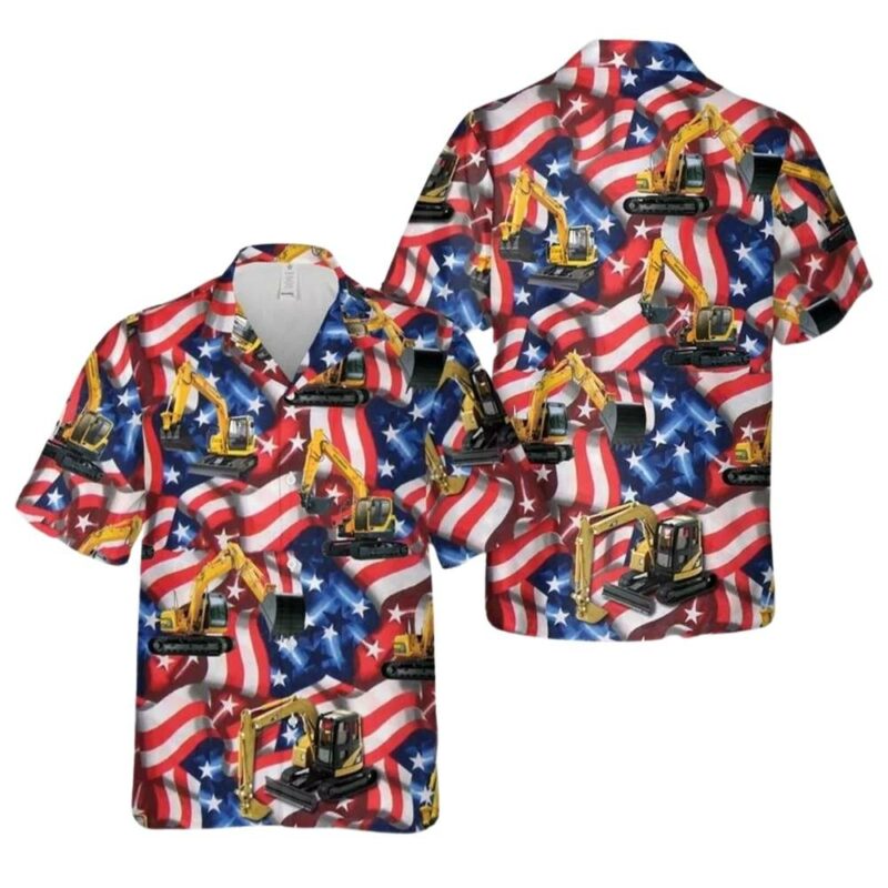Excavator with flag american for 4th of july hawaiian shirt 1