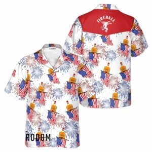 Fireball Whiskey American Flag Fireworks Hawaiian Shirt