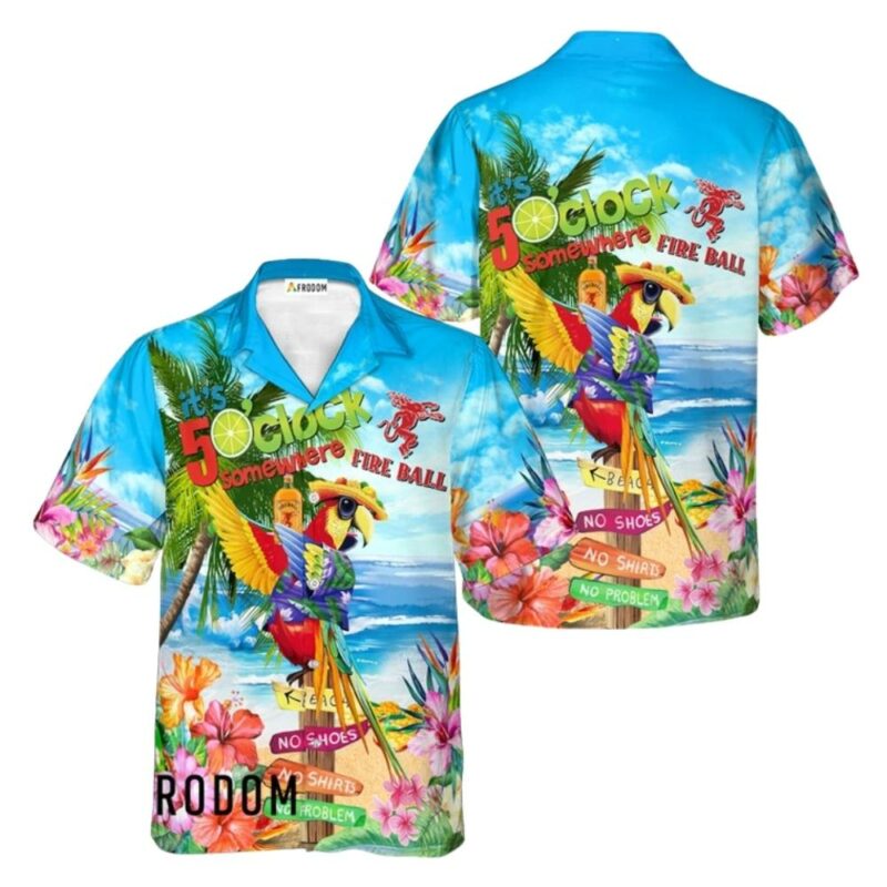 Fireball whiskey parrot tropical hawaiian shirt 1