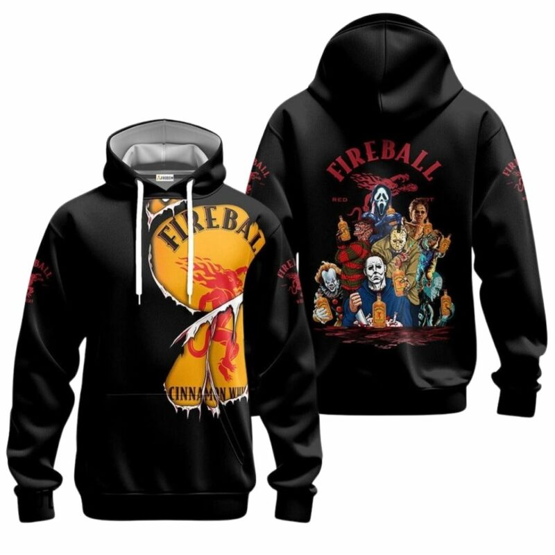Fireball whisky michael myers and friends horror halloween characters 3d hoodie 1