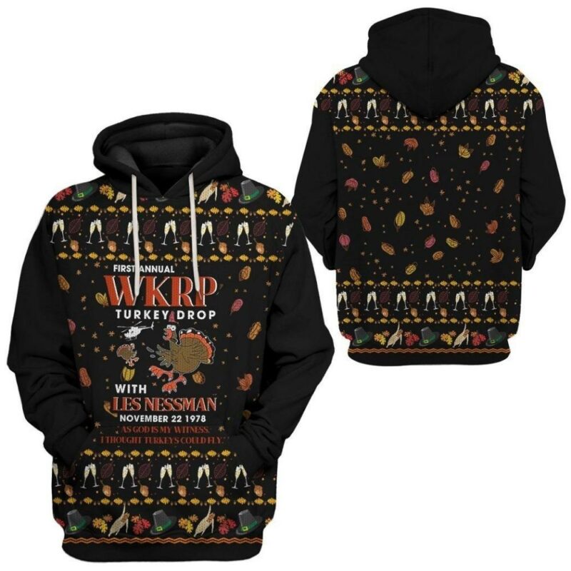 First annual wkrp turkey drop with les nessman thanksgiving day 3d hoodie 1