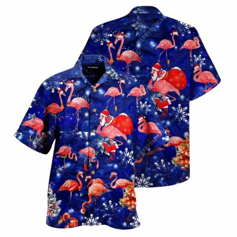 Flamingos celebrate christmas under azure skies hawaiian shirt 1