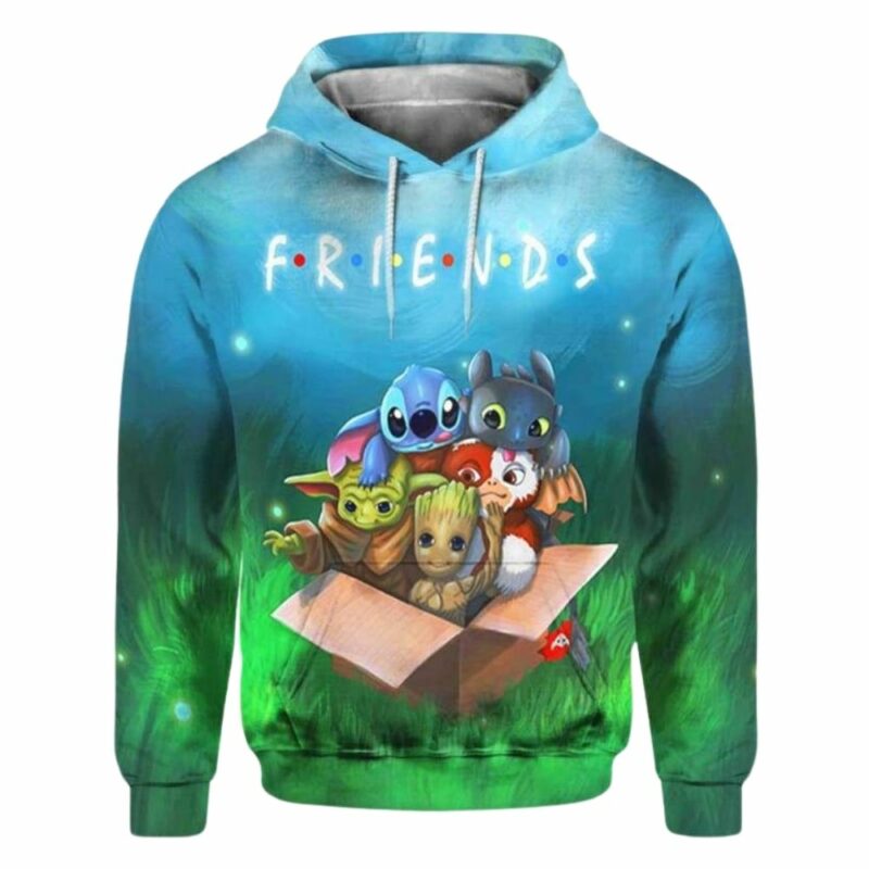 Friends stitch toothless yoda groot in box 3d hoodie 1