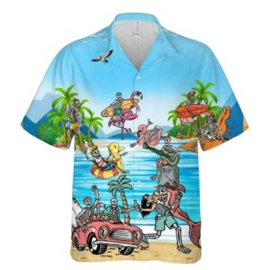 Funny Skeletons And Flamingo Party Beach Tropical Hawaiian Shirt