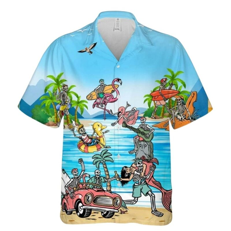 Funny skeletons and flamingo party beach tropical hawaiian shirt 1