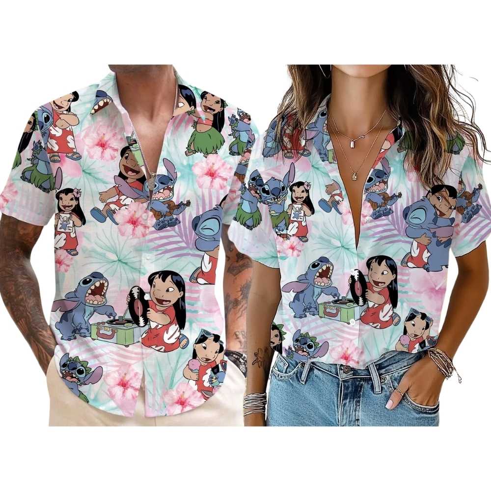Funny stitch and lilo hibiscus flowers tropical summer vacation hawaiian shirt 1