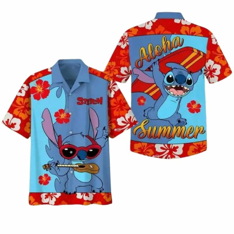 Funny stitch surfing and guitar summer vacation lilo and stitch hawaiian shirt 1