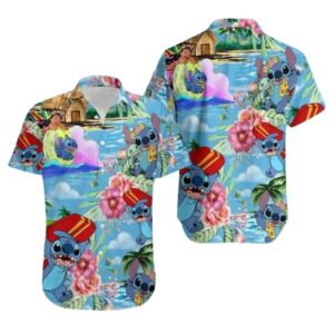 Funny Stitch Surfing Summer Beach Tropical Flowers Lilo And Stitch Hawaiian Shirt