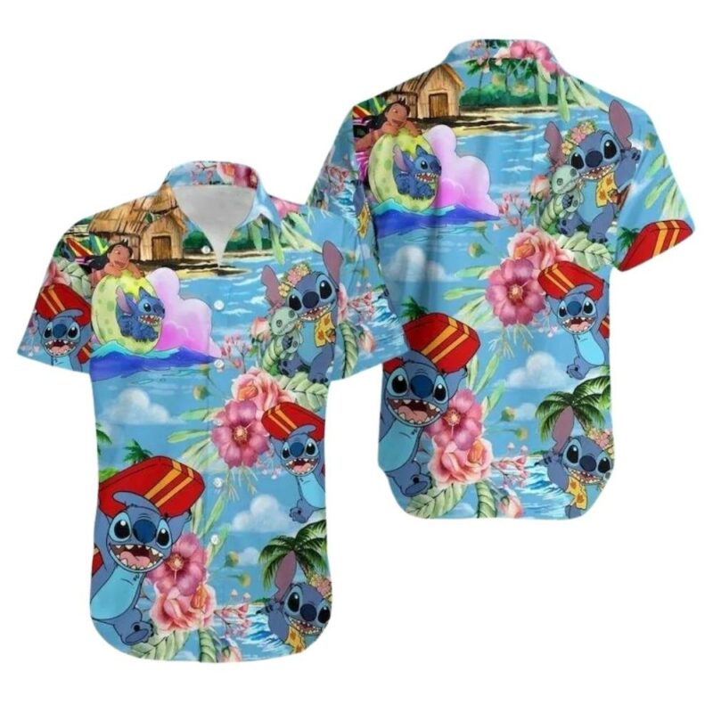Funny stitch surfing summer beach tropical flowers lilo and stitch hawaiian shirt 1