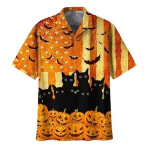 Halloween Black Cat And Pumpkin Graphic Hawaiian Shirt