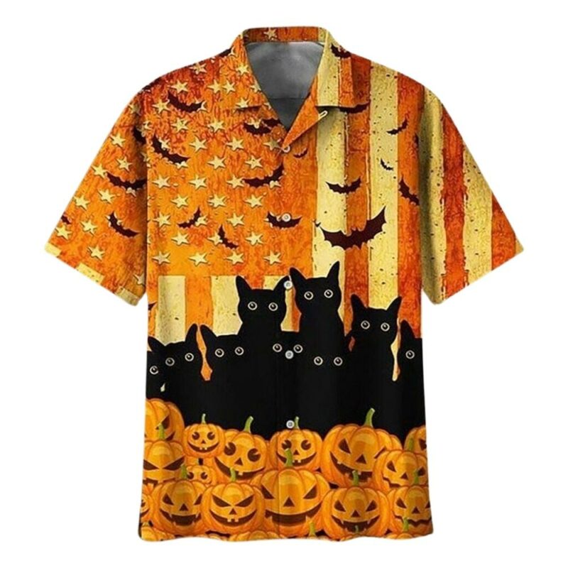 Halloween black cat and pumpkin graphic hawaiian shirt 1