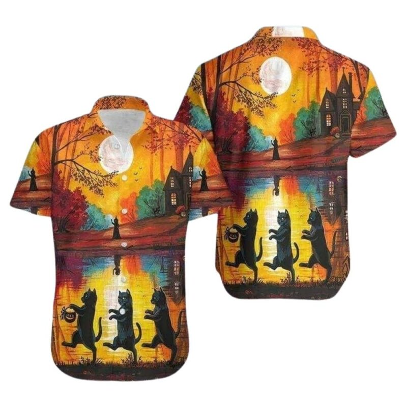 Halloween cat themed hawaiian shirt 1