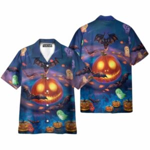 Halloween Glowing Pumpkins By Night With Bat Hawaiian Shirt