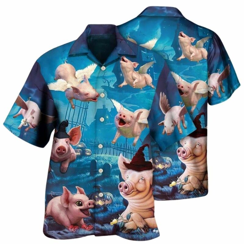 Halloween pig fly pumpkin scary hawaiian shirt 1