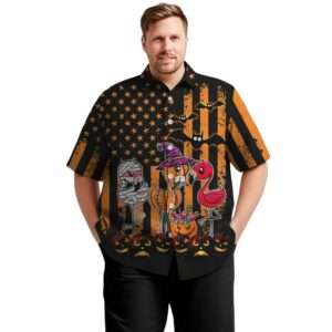 Halloween Pumpkin Flamingo With Flag American Hawaiian Shirt