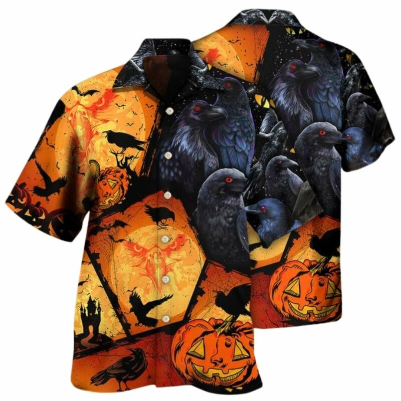 Halloween raven pumpkin scary hawaiian shirt 1