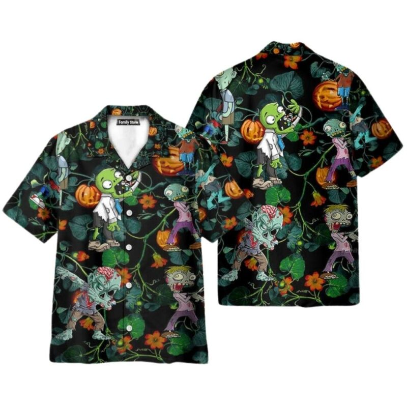 Halloween zombie tropical pumpkin scary hawaiian shirt 1